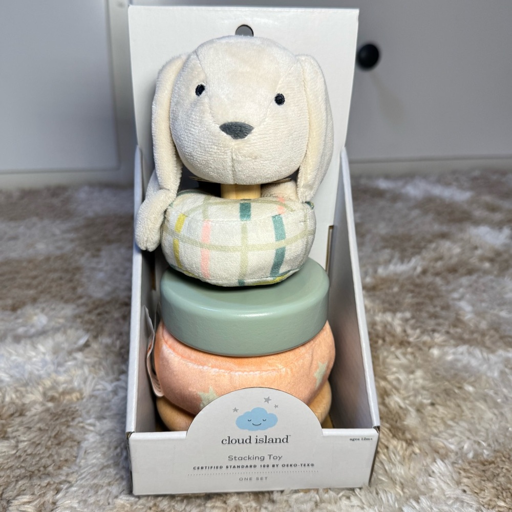 cloud island Plush Stacking Bunny Toy in Cream, Sage, Peach, Pink, Blue